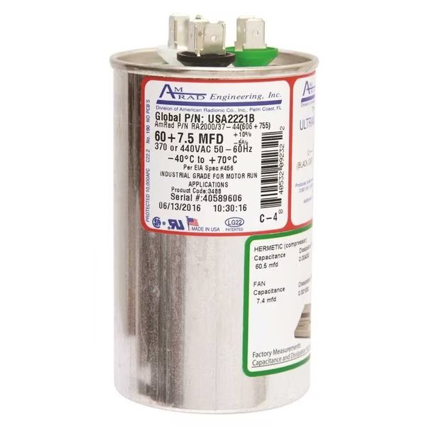 ROUND MOTOR RUN CAPACITOR, 60/7.5 MFD, 370/440 VAC, Amrad Engineering, Mfr#: USA2221B
