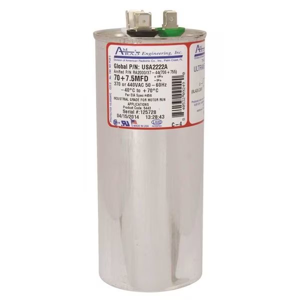 ROUND USA-MADE MOTOR RUN CAPACITOR, 60/7.5 MFD, 370/440 VAC, Amrad Engineering, Mfr#: USA2222A