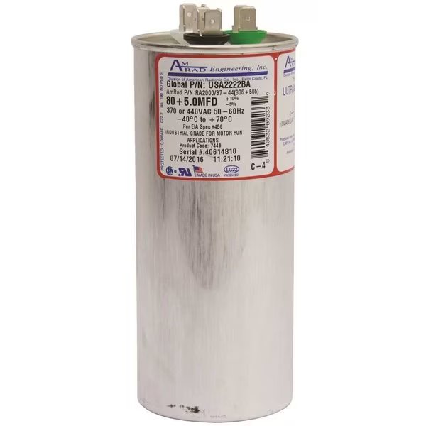 ROUND MOTOR RUN CAPACITOR, 80/5 MFD, 370/440 VAC, Amrad Engineering, Mfr#: USA2222BA