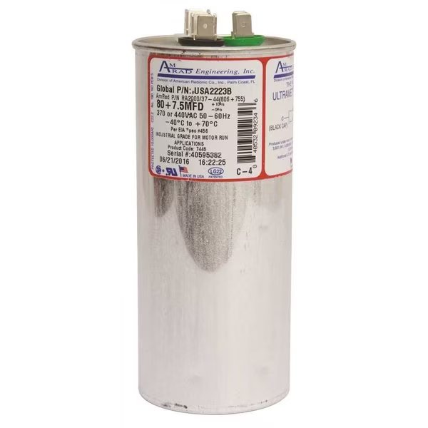 ROUND USA-MADE MOTOR RUN CAPACITOR, 80/7.5 MFD, 370/440 VAC, Amrad Engineering, Mfr#: USA2223B