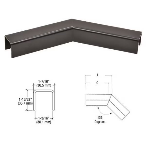 L10 Series U-Channel 135 Degree Horizontal Corner for 21.52 mm Laminated Glass Cap Railing, Cr Laurence, Mfr#: L10H3MBL