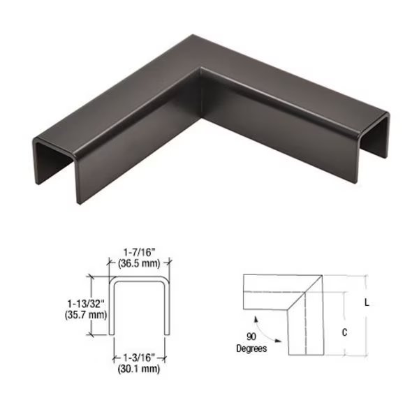 Matte Black L10 Series U-Channel 90 Degree Horizontal Corner for 21.52 mm Glass Cap Railing, Cr Laurence, Mfr#: L10HMBL
