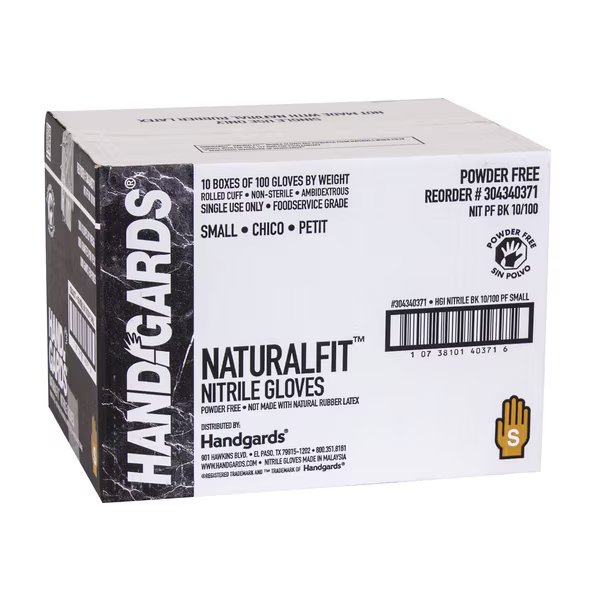 NaturalFit, Nitrile Disposable Gloves, Nitrile, Powder-Free, S, 1000 PK, Black, Handgards, Mfr#: 304340371