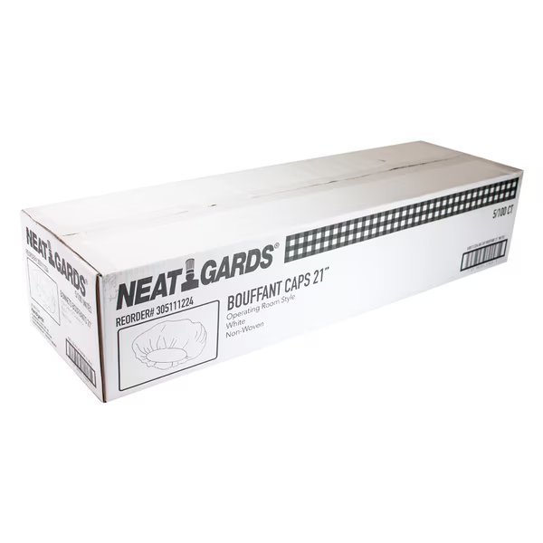 Handgards 21" Paper White Pleated Bouffant Cap, PK500, Neatgards, Mfr#: 305111224