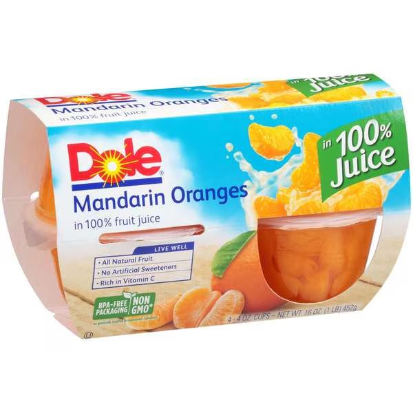 Dole In 100% Juice Mandarin Oranges 4 oz. Plastic Bowl, PK24, Dole, Mfr#: 04207
