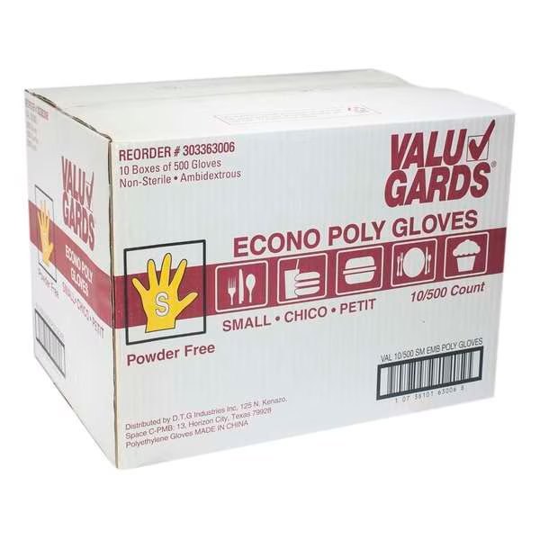 Poly Disposable Gloves, Poly, Powder-Free, S, 5000 PK, Valugards, Mfr#: 303363006