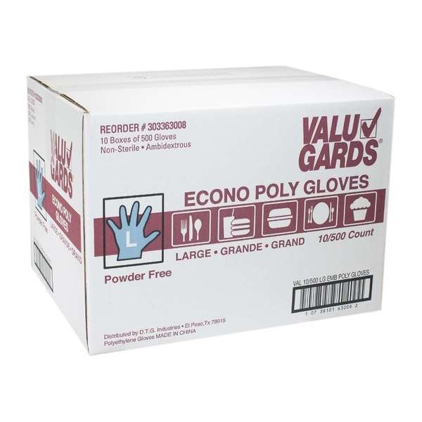 Econo Poly, Poly Disposable Gloves, Poly, L, 5000 PK, Clear, Valugards, Mfr#: 303363008