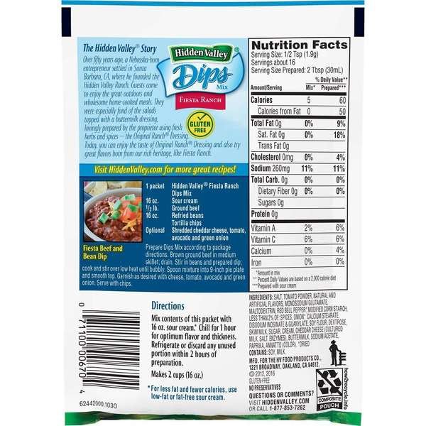 Hidden Valley Fiesta Ranch Party Dip Mix 1.1 oz., PK24, Hidden Valley, Mfr#: 00670
