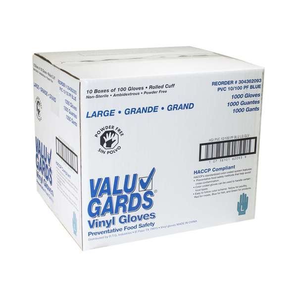 Valugards Blue V, Vinyl Disposable Gloves, Vinyl, Powder-Free, L, 1000 PK, Blue, Valugards, Mfr#: 304362093