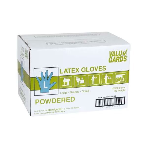 Valugards Latex, Latex Disposable Gloves, Latex, Powdered, L, 1000 PK, White, Valugards, Mfr#: 304750133