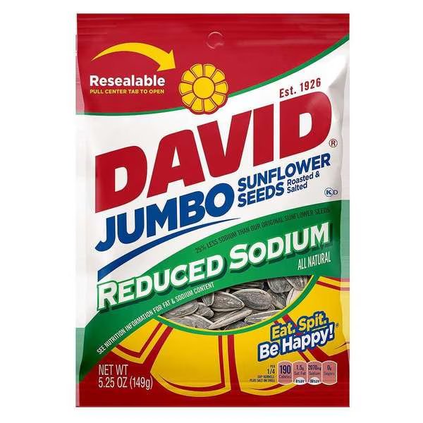 David Reduced Sodium In-Shell Sunflower Seeds 5.25 oz., PK12, David, Mfr#: 2620046133