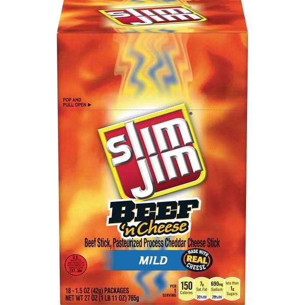 Slim Jim Beef And Cheese Snack Sticks 1.5 oz. Sticks, PK108, Slim Jim, Mfr#: 2620011200