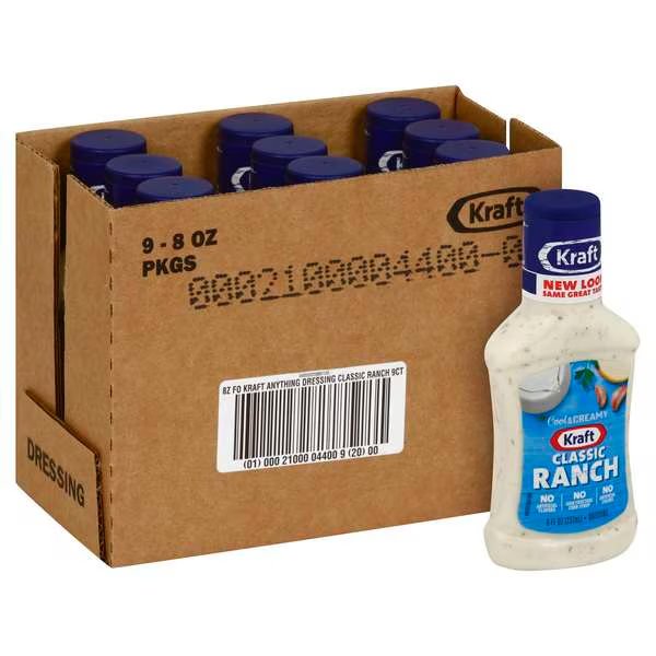 Kraft Classic Ranch Dressing 8 fl. oz. Bottles, PK9, Kraft, Mfr#: 00021000044009