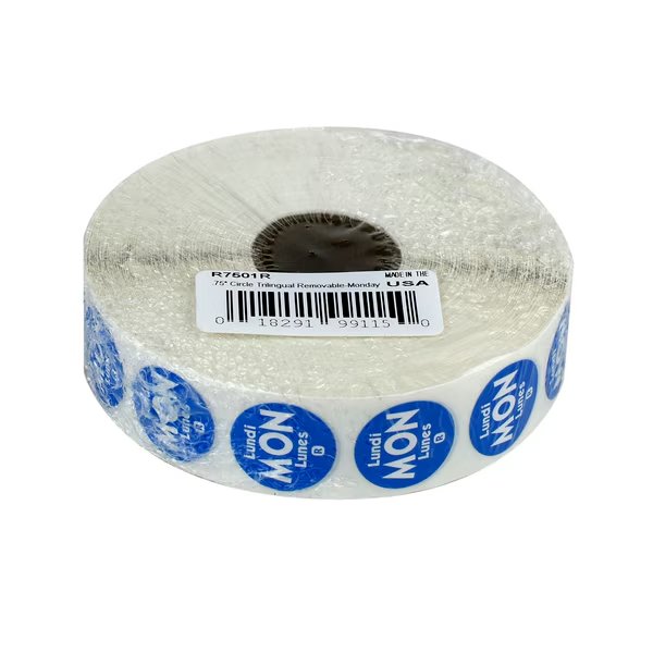 .75" Circle Trilingual Removable Blue Monday Label, PK2000, National Checking, Mfr#: R7501R