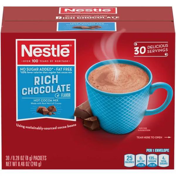 Nestle Fat Free No Sugar Added Hot Cocoa Mix .28 oz. Pouch, PK180, Nestle, Mfr#: 00050000614110