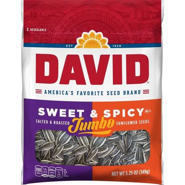 Roasted & Salted Sweet & Spicy Jumbo Sunflower Seeds 5.25 oz., PK12, David, Mfr#: 2620046464