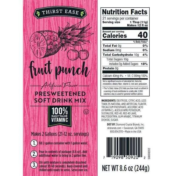 Drink Mix Fruit Punch 8.6 oz., PK12, Thirst Ease, Mfr#: 50920
