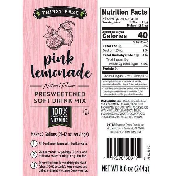 Drink Mix Pink Lemonade 8.6 oz., PK12, Thirst Ease, Mfr#: 50917