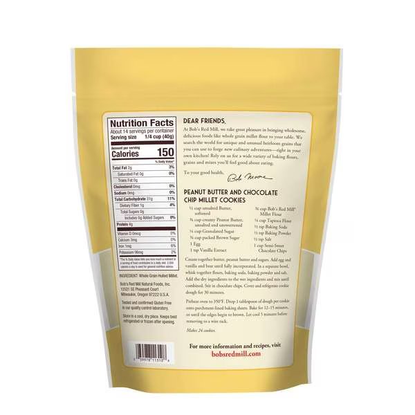 Bob's Red Mill Millet Flour 20 oz. Pouches, PK4, Bobs Red Mill Natural Foods, Mfr#: 1296S204