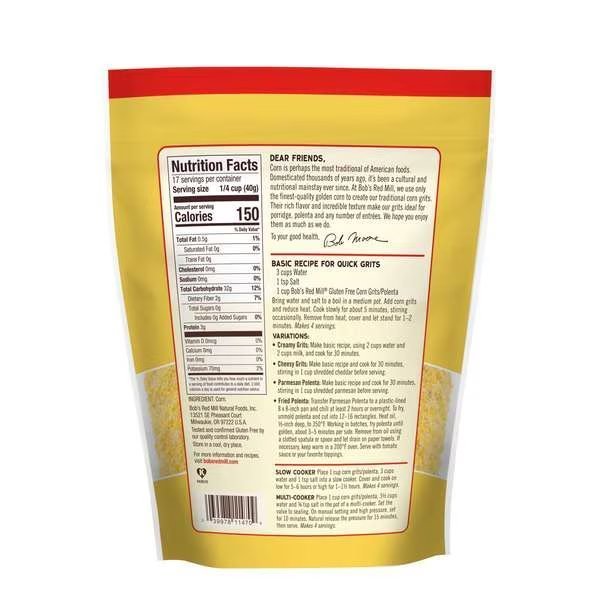 Bob's Red Mill Gluten Free Corn Grits/Polenta 24 oz. Pouches, PK4, Bobs Red Mill Natural Foods, Mfr#: 1618S244