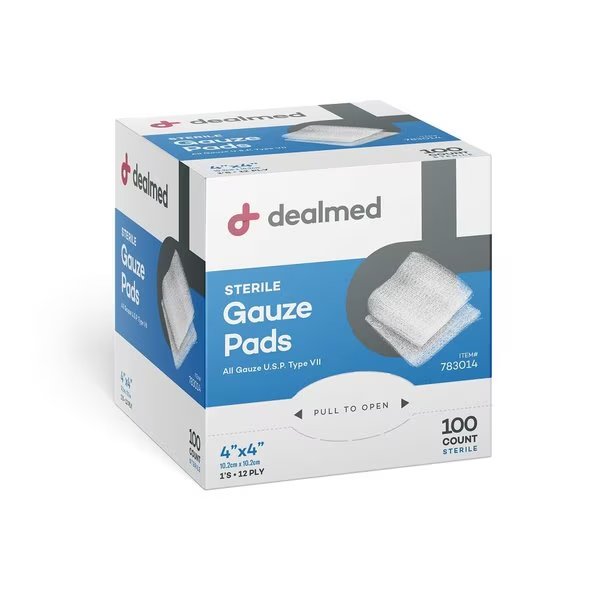 Gauze Pads, Sterile 1'S, 4" X 4", 12 Ply, 100/Bx, 12/Cs, 1200PK, Dealmed, Mfr#: 783014
