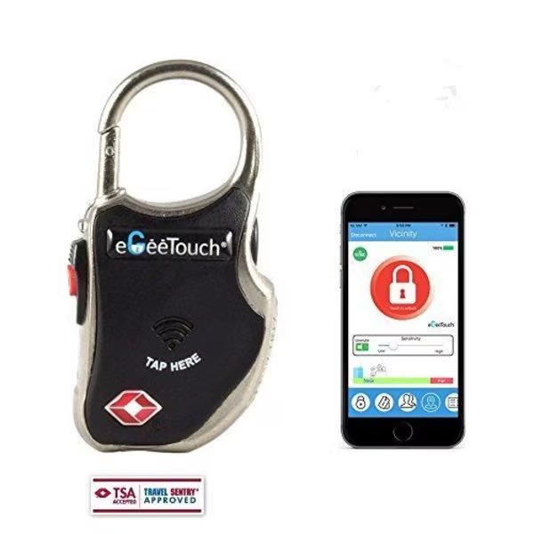 Smart Travel Padlock BLACK, Patented DUAL Access NFC+BT, TSA Compliant, Tracking, iOS/Android, Egeetouch, Mfr#: 5-01000-99
