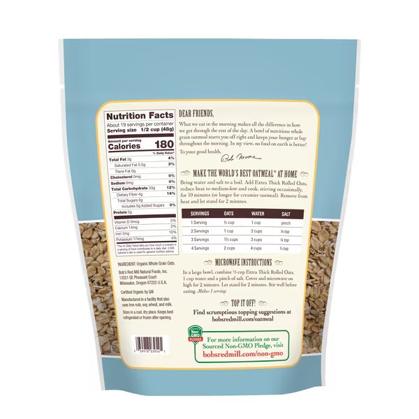 Bob's Red Mill Organic Extra Thick Rolled Oats 32 oz. Bag, PK4, Bobs Red Mill Natural Foods, Mfr#: 6050S324