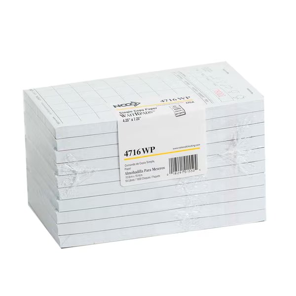 Waitrpad 4.25"x7.25" 8 Line White 1 Part Guest Check 100 Checks, PK50, National Checking, Mfr#: 4716WP