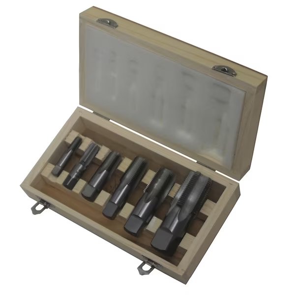6Pc. NPT Pipe Tap Set, 1/8, /1/4, 3/8, 1/2, 3/4, 1", wooden box, Drill America, Mfr#: DWTPT1/8-1SET