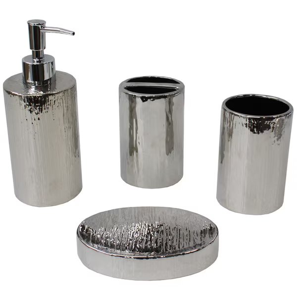 Elegant Bathroom Accessories Set, Silver, Ceramic, 4 Piece, Blue Donuts, Mfr#: BD3550360
