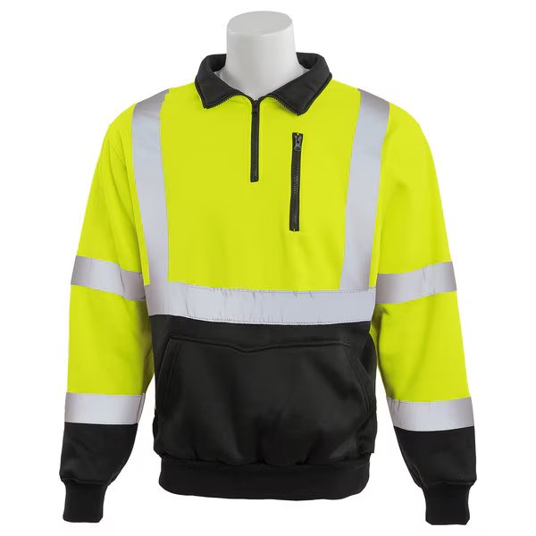 Sweatshirt, Quarter Zip, Class 3, W379B, Hi-Viz Lime/Black, 2XL, Erb Safety, Mfr#: 63873