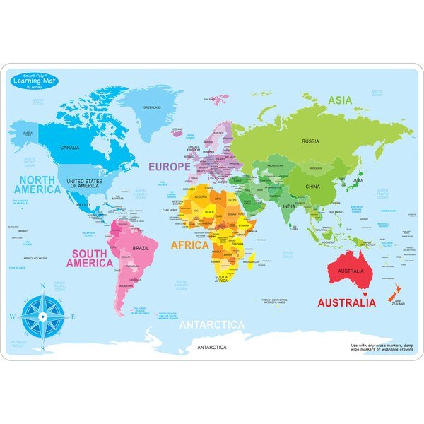 Smart Poly Learning Mats, 12 x 17in., 2-Sided, World Basic Map, 10/Pk PK, Ashley Productions, Mfr#: 95602