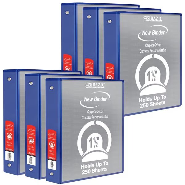 View Binder, 3-Ring with 2 Pockets, 1.5in, Blue, PK6, Bazic Products, Mfr#: 3192
