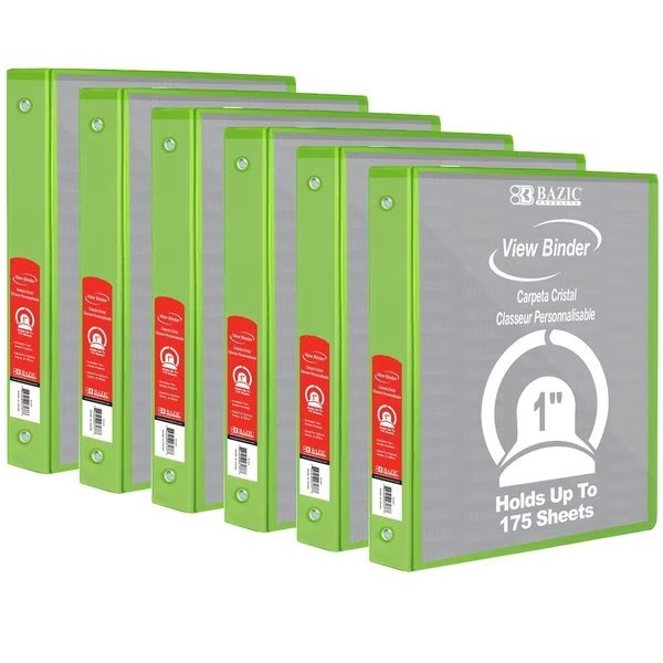 View Binder, 3-Ring with 2 Pockets, 1in, Lime Green, PK6, Bazic Products, Mfr#: 4124