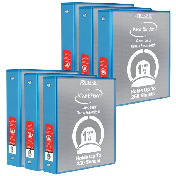 View Binder, 3-Ring with 2 Pockets, 1.5in, Cyan, PK6, Bazic Products, Mfr#: 4145