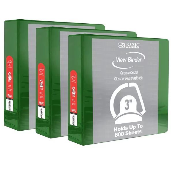 Slant D-Ring View Binder with 2 Pockets, 3in, Green, PK3, Bazic Products, Mfr#: 4162