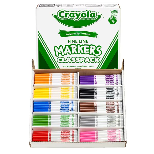 Non-Washable Classpack Markers, Fine Point, 10 Colors, PK200, Crayola, Mfr#: BIN588210