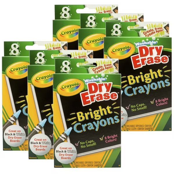 Washable Crayons, Dry-Erase, Bright Colors, 8 Colors Per Set, 54PK, Crayola, Mfr#: 985202