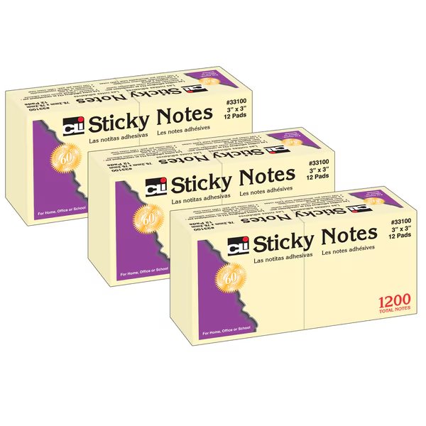 Sticky Notes, 3" x 3", 100 Sheets/Pad, Yellow, PK36, Charles Leonard, Mfr#: 33100