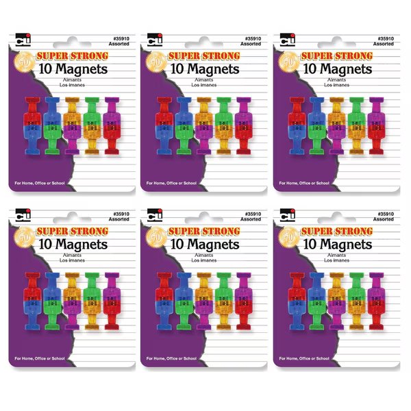 Push Pin Style Strong Magnets, Assorted Colors, 10 Per Pack, PK6, Charles Leonard, Mfr#: 35910