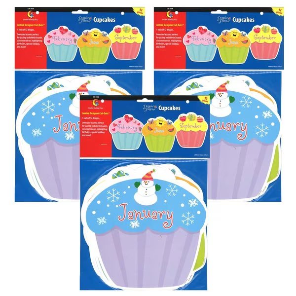 Designer Cut-Outs, Month Cupcakes, 10in, 12 Pieces, PK3, Creative Teaching Press, Mfr#: 5938