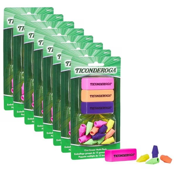 Pencil Shaped Erasers, 3 Assorted Neon Colors, 8PK, Dixon Ticonderoga, Mfr#: 38931