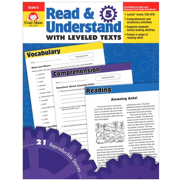 Read + Understand with Leveled Texts Book, Teachers Edition, Grade 5, Evan-Moor Educational Publishers, Mfr#: 3445