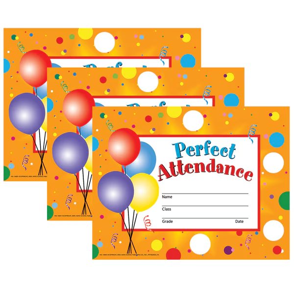 Perfect Attendance Certificates and Seals, 30 Certificates Per Set, PK3, Hayes, Mfr#: VA801