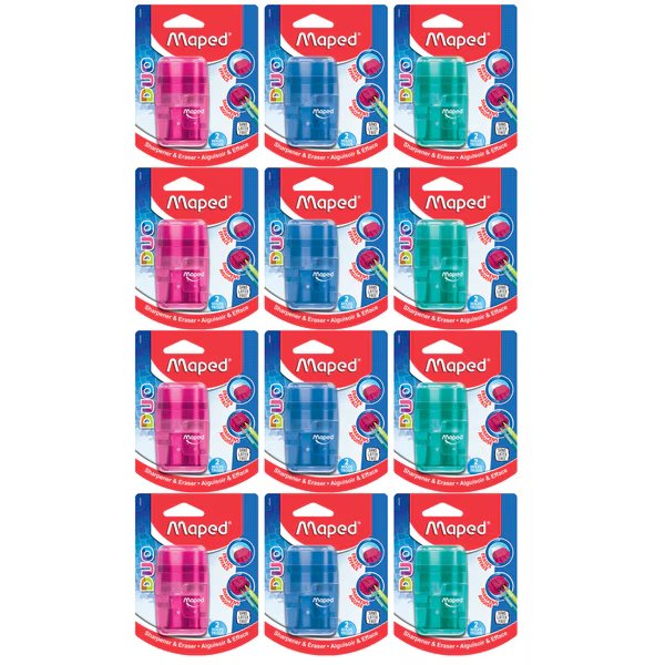 Connect DUO 2 Hole Sharpener/Eraser Combo, Assorted Colors, PK12, Maped, Mfr#: 049249