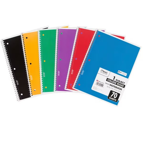 Spiral 1 Subject Notebook, Wide Ruled, 70 Sheets Per Book, PK6, Recommended Grade: 6+, Mead, Mfr#: MEA05512