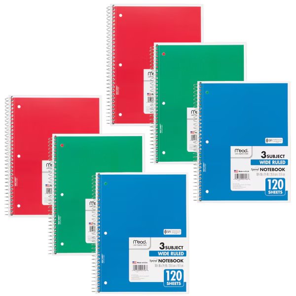 Spiral 3 Subject Notebook, Wide Ruled, 180 Sheets Per Book, PK6, Mead, Mfr#: MEA05746