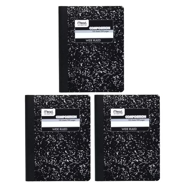 Composition Book, Wide Ruled, 100 Sheets Per Book, PK3, Mead, Mfr#: MEA09910