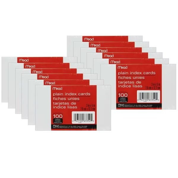 Index Cards, Plain, 3 x 5, PK1200, Mead, Mfr#: MEA63352