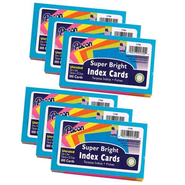 Index Cards, 5 Assorted Colors, Unruled, 3" x 5", 100 Cards/Pk, PK6, Pacon, Mfr#: 1720